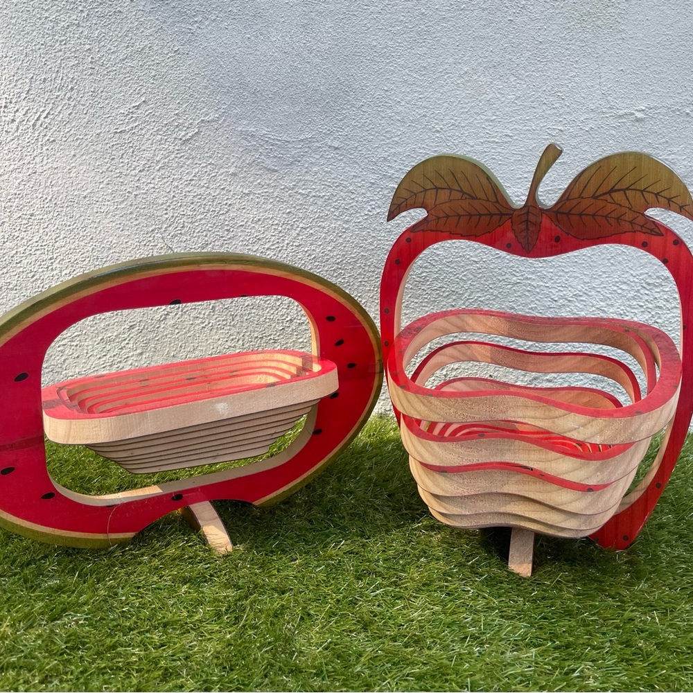 TWO Vintage Equinoccio Red Apple and Watermelon Collapsable Wood Cut Displays